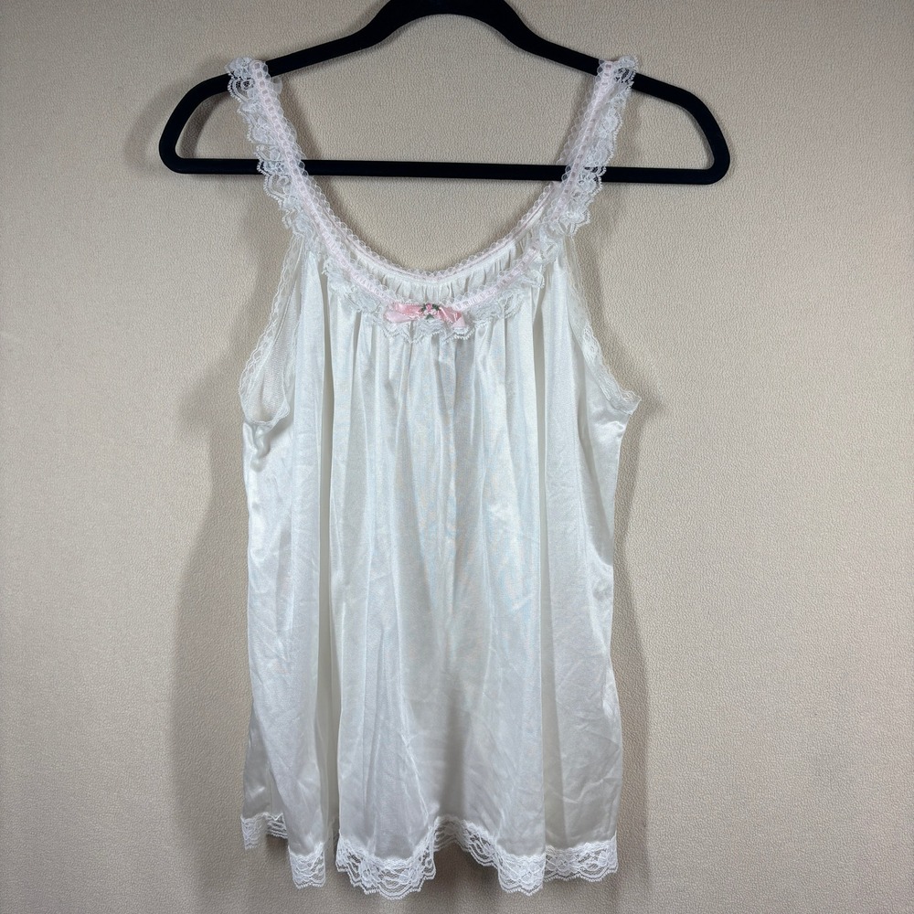 Vintage 60s 70s White Lace Trim Nylon Camisole Top Pink Bow Made in USA Small